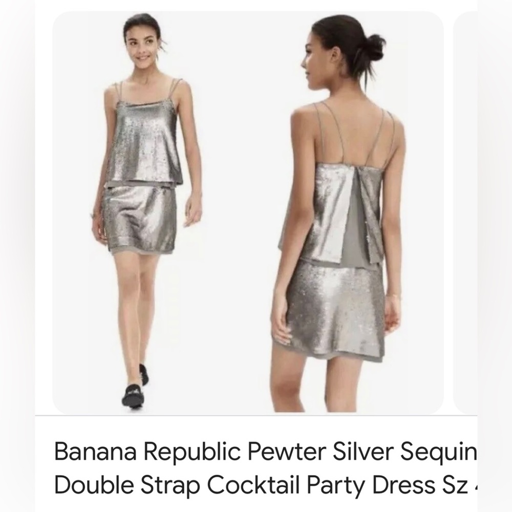 NWT. Banana Republic pewter sequin tiered double strap party dress. Size 2.